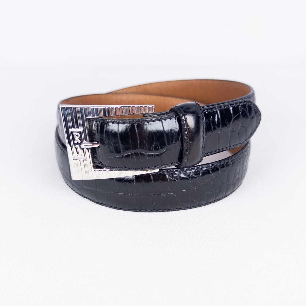 Luxe Ralph Lauren Black Belt Croc Embossed Leather Silver RL Buckle Size M